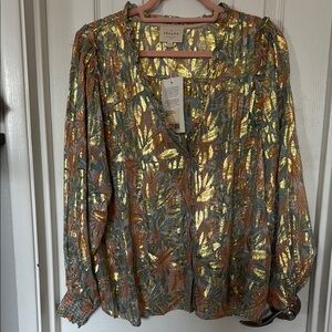 Sezane Women's Gold and Green Floral Top